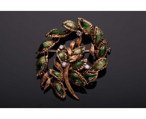 An Italian 18ct yellow gold and enamel foliate brooch, the leaves with dark and lighter green enamel (some a/f) and set with 