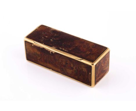 19th century Continental oblong vernis martin and gold snuff box decorated with Teniers subjects, Austro-Hungary gold marks, 
