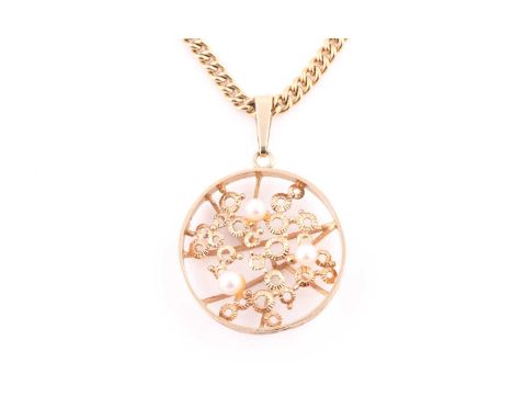 A 9 ct gold and cultured pearl pendant, of round form enclosing textured piereced disks and three cultured pearls, 27 mm diam