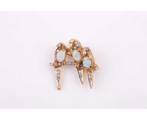 A diamond and opal brooch in the form of three parrots, perched on a branch; the bodies each set with an oval cabochon opal, 