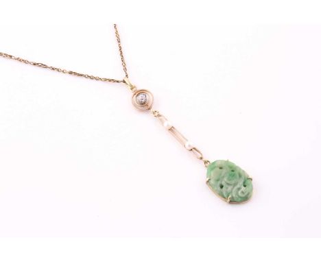 A carved jade, diamond and seed pearl pendant, circa 1910, to yellow precious metal mount, and a yellow gold fancy link chain