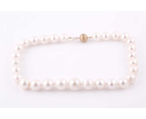 A large freshwater pearl necklace, the pearls ranging from approximately 12- 16 mm diameter, fastened with a 9ct yellow gold 