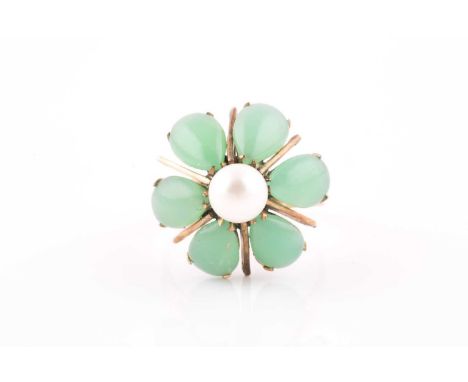 A 14k yellow gold, pearl, and green hardstone flowerhead ring, set with pear-cut stones, size O, 5.6 grams.