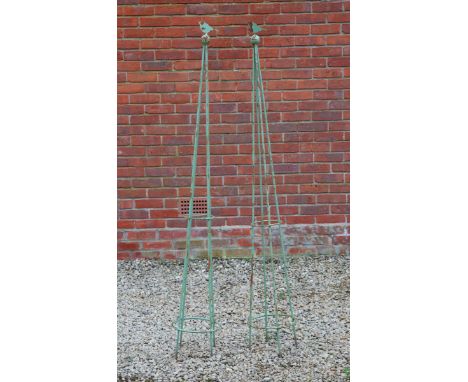 Surmounted by a ball finial with a bird silhouette atop.170cm x 26cmQty: 2In generally good condition. Scratching to the pain