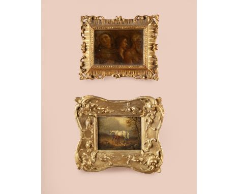 The first an oil on board of detail from a religious scene, the second a small oil on board in a gilt frame after Stubbs.Firs