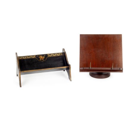 The reading stand with an adjustable platform on a spreading base, together with an ebonised and gilt highlighted bookstand.F