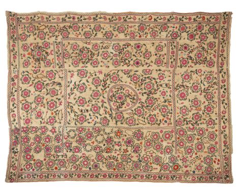 With silk stitching on a linen background, sewn from seven panels.234cm x 180cmThe stitched decoration is unfinished with pen