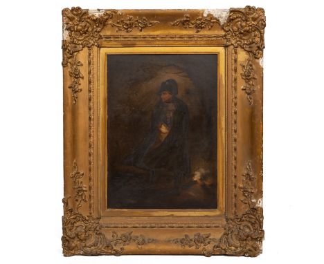 A portrait of Napoleon, oil on steel.41.5cm x 30cmNotable losses to the frame, surface dirt throughout, some scuffing to the 