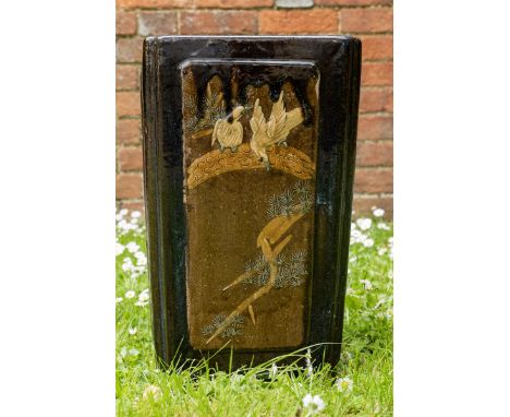 The Chinese stoneware planter decorated with exotic birds to the sides and all standing on bracket feet.28cm wide x 46cm high