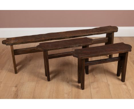 With styled feet, one longer and a pair of shorter.First 144cm wide x 17cm deep x 41cm high; pair 64cm wide x 17cm deep x 41c