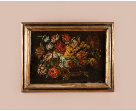 Still life with peonies and tulips in a basket, oil on canvas.41cm x 59cmQty: 1Some surface dirt, light craquelure across the