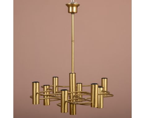 A mid-20th century gilt hanging light fitting with brushed metal finish.65cm wide x 80cm highSome minor marks, dents and oxid