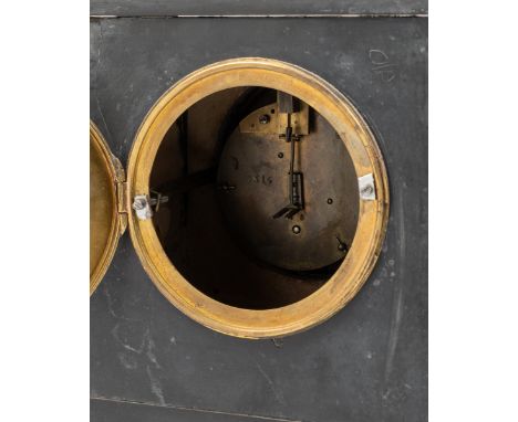 The French mantel clock with white enamelled dial, gilt hands, a Japy drum movement and bell strike; together with a polished