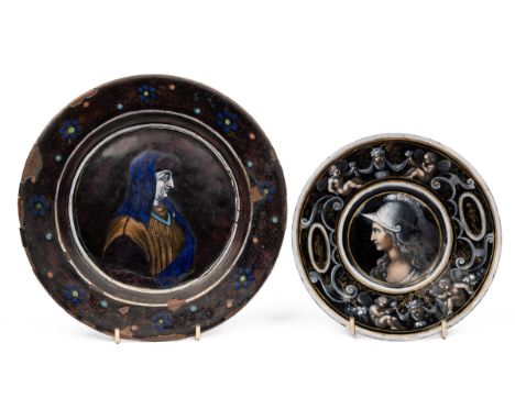 The first 19th century in the manner of Piere Raymond of Limoges, the centre depicting a bust portrait of Louis XI; the secon