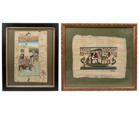 To include an Indo-Persian miniature of figures in and around a mosque with a painted foliate and figural border; together wi