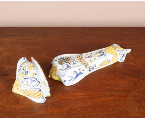 A 19th century Majolica wall-mounted water fountain and basin.50cm high plus 15cm for basinQty: 2Generally good condition, wi