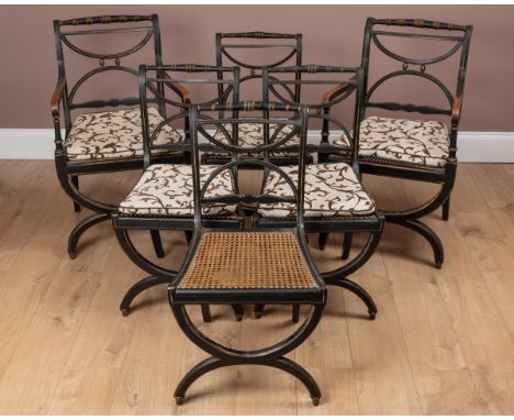 Consisting of two carvers and four standards, with turned top rails, X-framed splats above caned seats, raised on X-framed fr