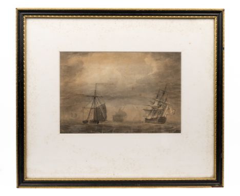 A frigate under sail, ink and wash on paper, labelled verso; together with a further watercolour of a ship in a stormy sea; a