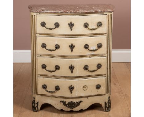 The commode with serpentine front over four graduated drawers and bracket feet with metal mounts.81cm wide x 41cm deep x 91cm