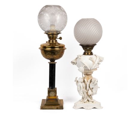 The first with a square column style support on a plinth base, the glass shade with frosted floral decoration; the second is 