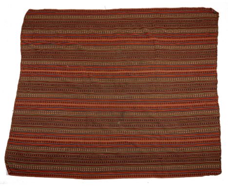 To include a wide stripped Jajim of six joined panels; a Moroccan style flatweave carpet and a further modern Kilim rug with 