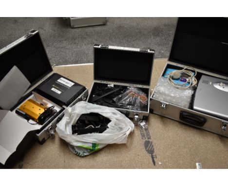 A mixed lot of three cases, lighting including LED and laser show, and a projector, and selection of heavy duty stage lightin