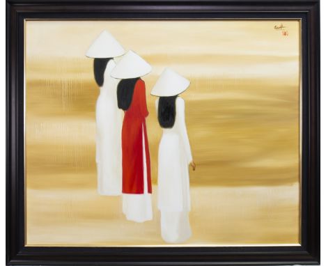 NGUYEN THANH BINH (VIETNAMESE b 1954), SCHOOLGIRLS oil on canvas, signed 80cm x 100cm Framed. Note: Nguyen Thanh Binh was bor