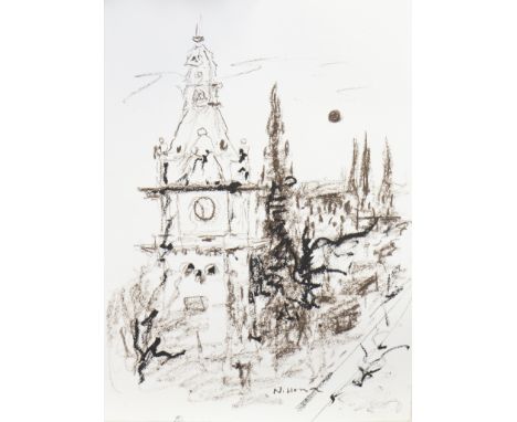 * NAEL HANNA (IRAQI/SCOTTISH b 1959), ARCHITECTURAL STUDY charcoal on paper, signed 60cm x 42cm Unframed
