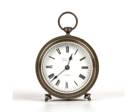 A late 19th century french drum traveling timepiece by R.E.D with white enamel roman dial inscribed Frank Flower, 3 Piccadill