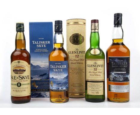 Four bottles of whiskey to include Glenlivet 12 year old single malt, Talisker Sky single malt, Talisker Dark Storm single ma