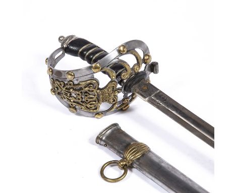 A REPLICA Edward VII British Officers dress sword with a cut steel pommel, a leather grip, the etched steel blade 99.5cm in l