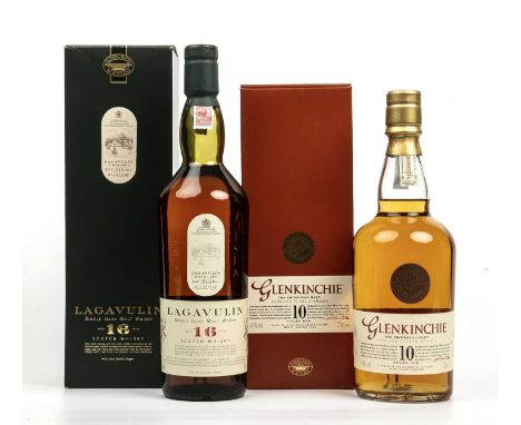 A 700ml bottle of Lagavulin 16 year single Islay malt whisky with original box together with a 700ml bottle of Glenkinchie 10