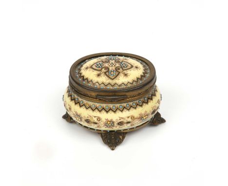 A 19th century continental porcelain and gilt metal oval box with enamelled decoration, 8cm wide x 5cm highSome areas of enam