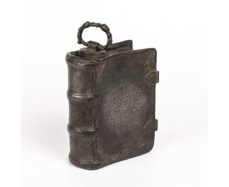 An antique German pewter flask in the form of a leather bound book, with a coat of arms to the front and touch marks to the s