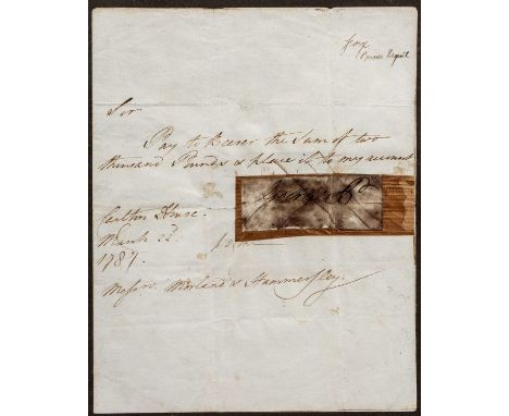 George, (Prince of Wales) (1762-1830). A m/s note addressed Messrs Morland &amp; Hammersley (Bankers) 'Sir, Pay the bearer th