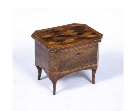 An early 19th century rosewood tea caddy having a specimen wood parquetry top, two tea cannisters and raised on four feet, 33