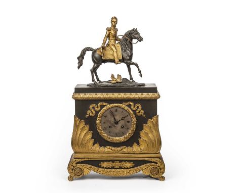 A 19th century French mantel clock with silvered Roman dial, drum movement with silk suspension and outside countwheel bell s