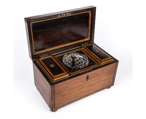 A 19th century rosewood and satinwood crossbanded tea caddy the interior with a cut glass mixing bowl and two canisters, all 