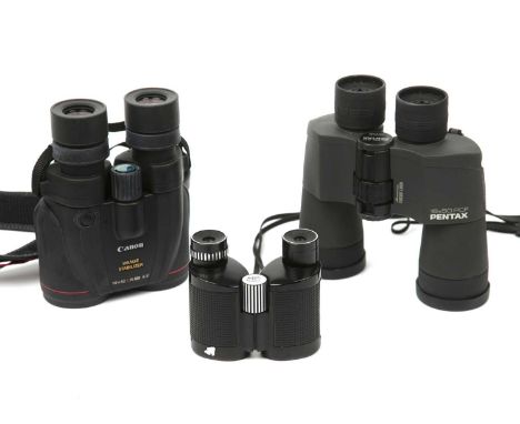 A pair of Canon image stabilizer 10 x42 L IS WP binoculars; together with a pair of Prntax 16 x 50 binoculars and a pair of N