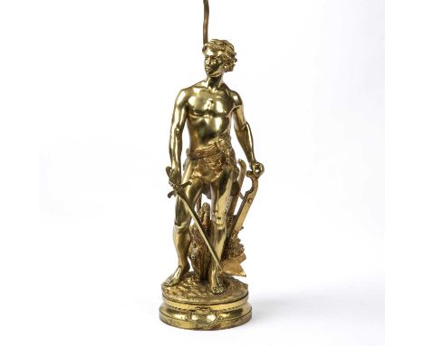 After Adrien-Etienne Gaudez (1845-1902) Le Devoir, French gilt metal figural light fitting, the figure 18cm wide x 46cm high