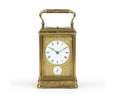 A 19th century Drocourt carriage clock, the circular white enamel roman dial with breguet hands over a subsiduary alarm dial 