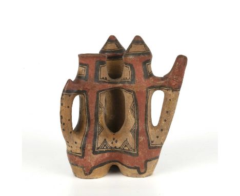 A pre-Columbian painted pottery vessel having a Worcester Royal Porcelain Works museum label to the base, 16cm wide x 21cm hi