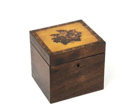 An early 19th century Tunbridge ware rosewood tea caddy of cube form, 12.2cm wide x 11cm deep x 11.5cm highSome chips and mar