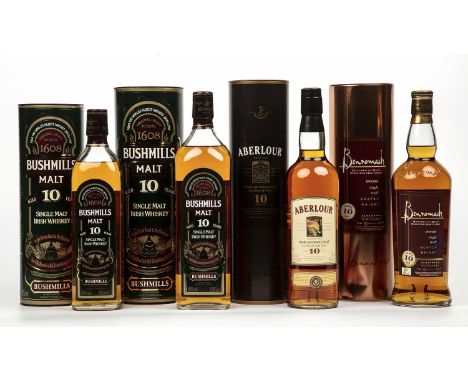 A 70cl bottle of Aberlour 10 year single malt whisky, two bottles of Bushmills 10 year single malt Irish whisky and a bottle 