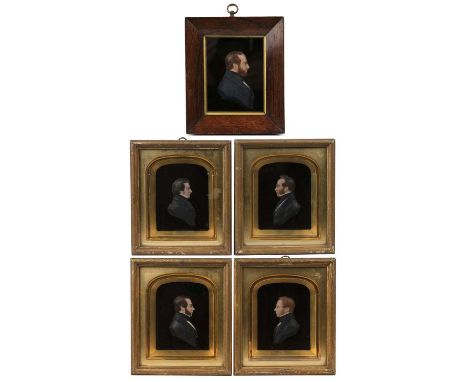 A family group of five 19th century wax portraits on glass depicting Mr Charles King, Mr George King, Mr Bushel King, Benjami