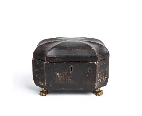 A George III lacquered tea caddy of shaped octagonal form, original lead interior and paw feet, 20cm wide x 15cm deep x 14cm 