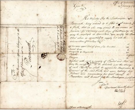 Office of Ordnance 12th January 1727A 'Hulking' Order for H.M.S. Southampton , with instructions, m/s in black ink, signed Ed