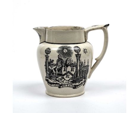 An early 19th century Masonic creamware jug transfer printed with the verse 'Hail Masonry Devine', 14.5cm wide x 13.5cm highC
