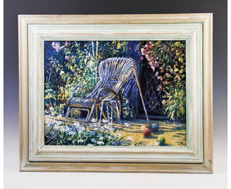 Laurence Dingley (b.1959),  Oil on board,  Garden scene with chair, croquet mallets and balls,  Initialled and dated ?94?,  4