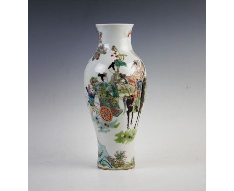 A Chinese porcelain famille verte vase, Jiaqing mark but later, of baluster form decorated with a continuous scene depicting 